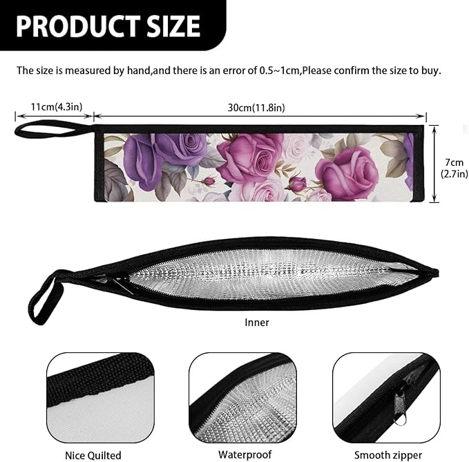 COEQINE Purple Rose Flower Utensil Holder Case for Home Work Outdoor Travel Accessories Fork Spoon Knife Organizer With Lid for Party Fashion Retro Style Floral Silverware Case
