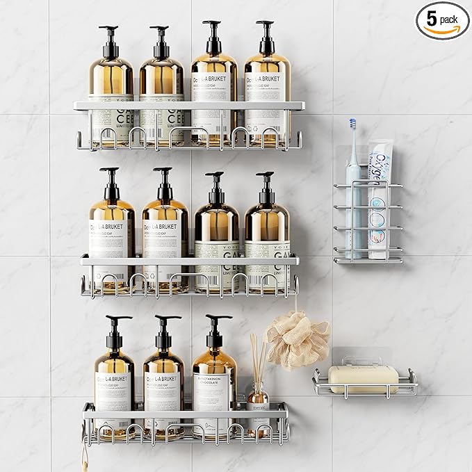 Shower Caddy, 5 Pack Shower Shelves for Inside Bathroom, Rustproof Adhesive Bathroom Organizer with Soap Holder, No Drilling Washroom Organizers and Storage for Bathtub Room/Kitchen, Silver