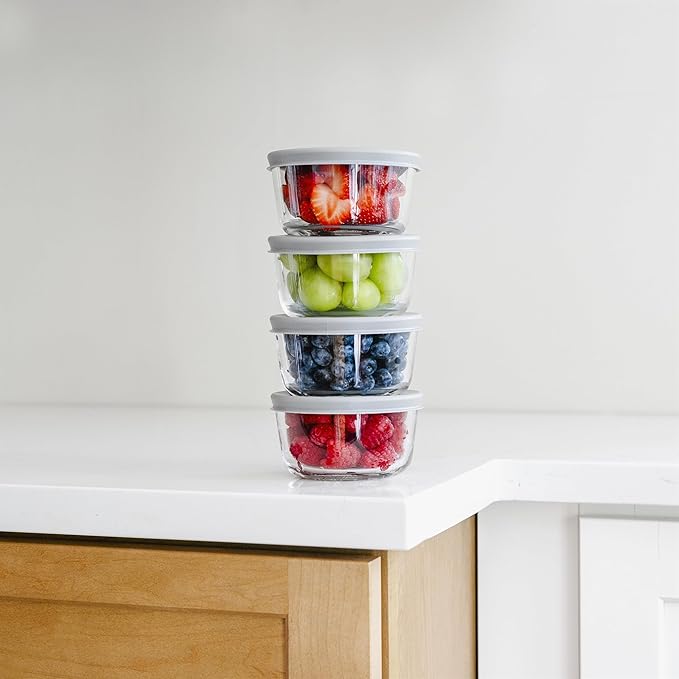 8-Piece Glass Food Storage Containers Set (4 Containers + 4 BPA-Free Lids) | 1-Cup, Leakproof | Microwave, Freezer, Oven & Dishwasher Safe | Ideal for Meal Prep & Pantry Organization, Grey