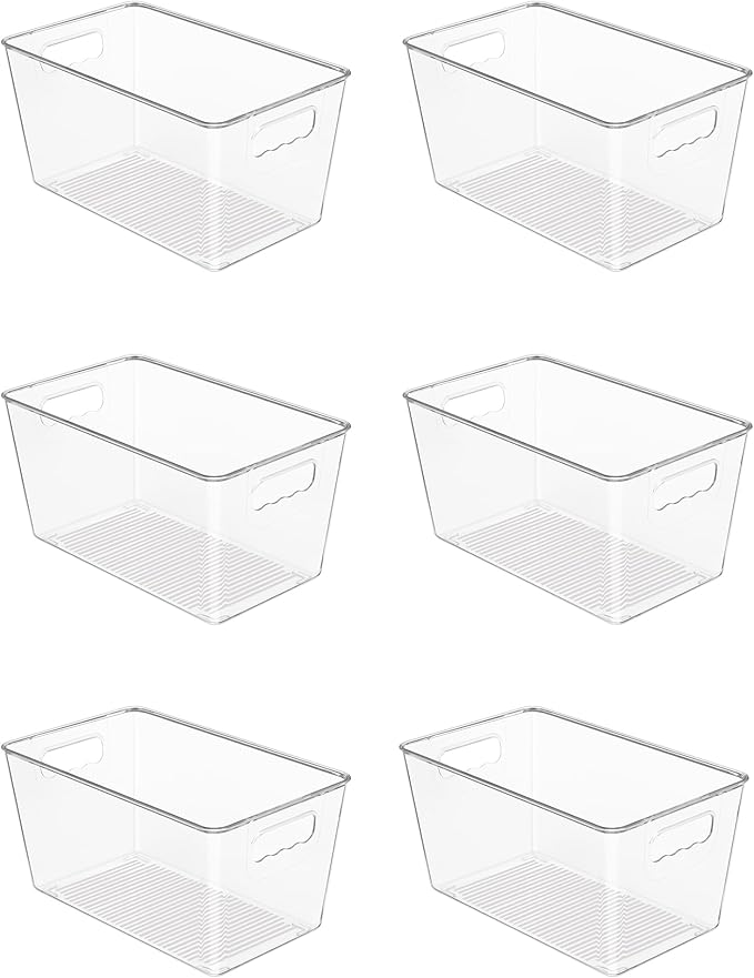 Vtopmart 6 Pack Clear Storage Bins, Pantry Cabinet Organizer Bins with Handle for Pantry Organizer and Storage, Plastic Bins for Fridge, Cabinet, Kitchen, Countertops, Cupboard, Freezer, Medium
