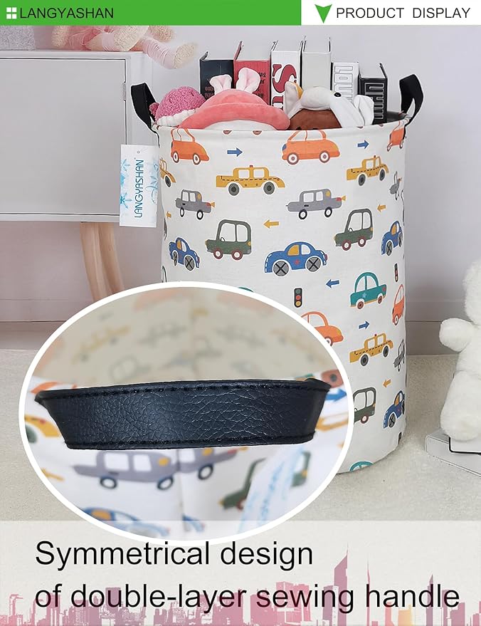 Laundry Basket Canvas Fabric Collapsible Organizer Basket for Storage Bin Toy Bins Gift Baskets Bedroom Clothes Children Nursery Hamper (Round Color Cars)