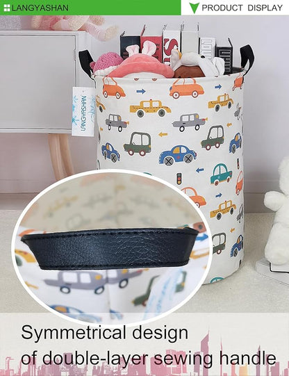 Laundry Basket Canvas Fabric Collapsible Organizer Basket for Storage Bin Toy Bins Gift Baskets Bedroom Clothes Children Nursery Hamper (Round Color Cars)