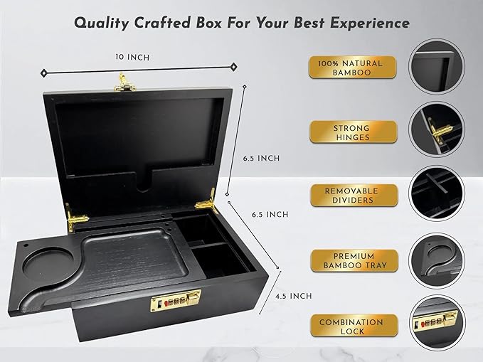 Smell Proof Stash Box with Lock & 5 Piece Accessory Kit – Black Bamboo Organizer with Removable Tray – Large Odor Proof Storage Case for Home or Travel