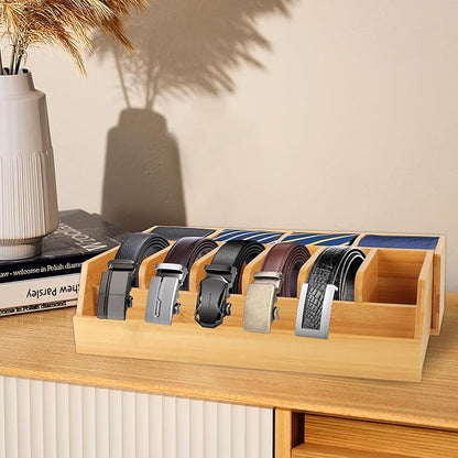 Adjustable Wood Belt Organizer, 10 Compartments Belt Rack and Tie Storage Holder for Closet and Drawer, Belt Holder Organizer and Displayer, Tie Holder Storage for Men Women, Wood Color