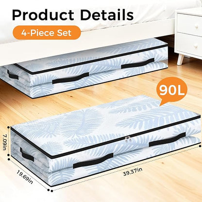 4 Pack Under Bed Storage Bags, 90L Foldable Clear Storage Containers with Handles, Dual Zippers for Comforter, Clothes, Bedding, Linen Sheets, Sweaters, Blanket Storage