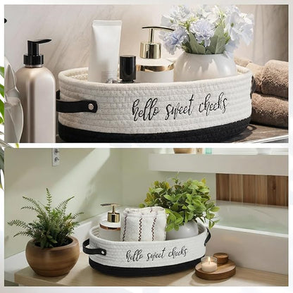 Hello Sweet Cheeks Bathroom Decoration Black and White Cotton Rope Toilet Basket Toilet Paper Holder Basket Rustic Bathroom Organizer Farmhouse Home Decoration Organizing Small Baskets