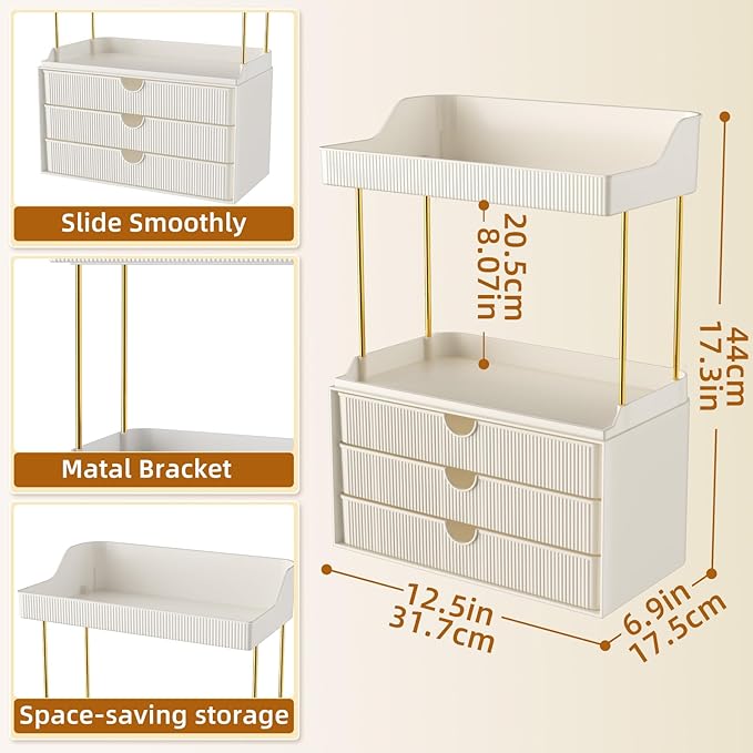 StorBin 3 Drawers Bathroom Vanity Organizer Sidesplashes- 5 Tier Makeup Organizer, Versatile Perfume Organizer, Ideal for Bathroom Storage, Vanity, Large Skincare, Perfume, Present, Cream White
