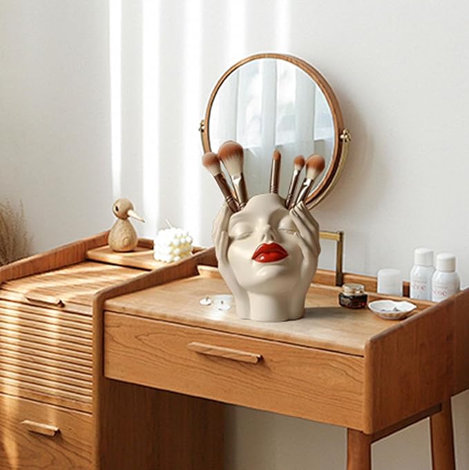 Women's Head Shape Boho Feminist Decoration, Minimalist Statue Storage Decor Face Makeup Brush Holder, Modern Statue Storage Makeup for Table Shelf Living Room Office (Beige 6.30 * 4.72 * 3.15in)