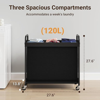 ELYKEN Laundry Hamper 3 Section, 120L Rolling Laundry Sorter with Removable Liner Bag, Laundry Basket with Wheels, Steel Frame with Metal Handle, Clothes Hamper Cart for Laundry Room & Bedroom