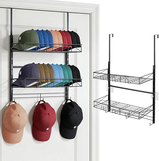 Widousy Over the Door Hat Organizer, 3 Tier Wall Mounted Hat Rack with 2 Adjustable Metal Basket and 3 Hooks, Baseball Cap Organizer Storage up to 29 Caps for Door, Closet, Bedroom