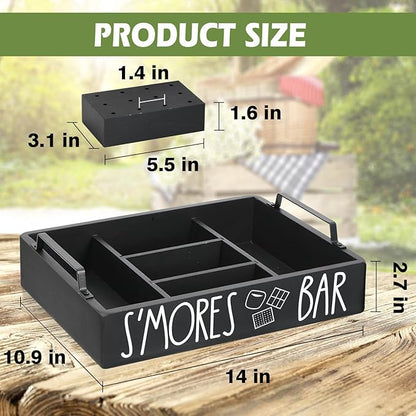 Wooden S'mores Bar Station, Smores Caddy Holder with Handles for Counter, Farmhouse S'mores Serving Tray for Kitchen, S’mores Maker Box for Smores Kit Camping Decor, Smores Accessories Organizer
