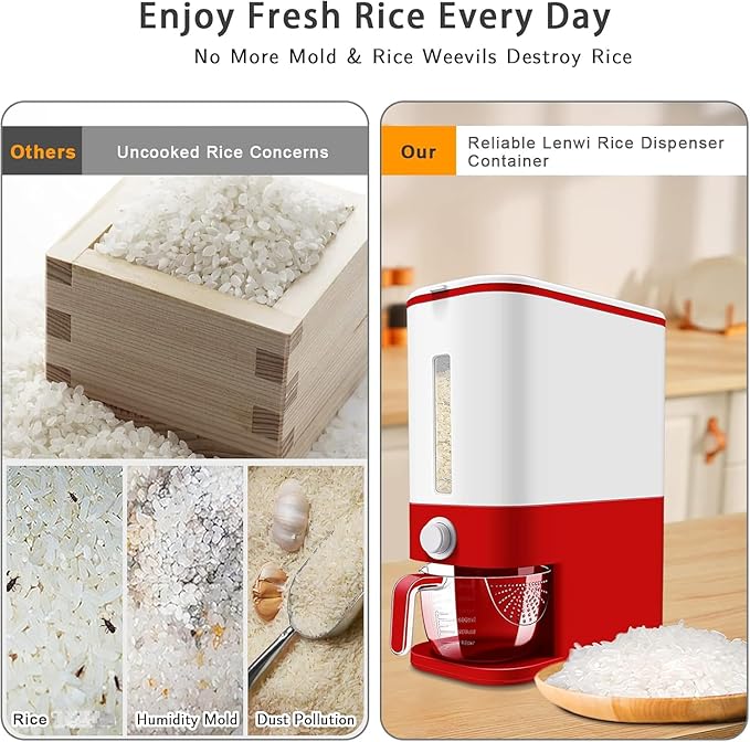 Lenwi 22-25 Lbs Rice Dispenser, Large Cereal Dry Food Storage Containers with Measuring Cup, BPA-Free Household for Kitchen Pantry Organization-Red