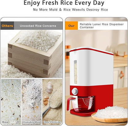 Lenwi 22-25 Lbs Rice Dispenser, Large Cereal Dry Food Storage Containers with Measuring Cup, BPA-Free Household for Kitchen Pantry Organization-Red