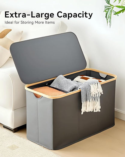 Storage Basket with Lid and Handles, 135L Fabric Bin with Divider for Shelf, Closet, Toy Organization, Collapsible Storage Organizer for Home, Grey