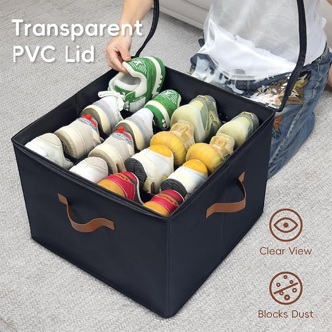 Shoe Organizer for Closet, 2 Pack Shoe Storage Bins with Clear Cover, Foldable and Adjustable Dividers, Fits 16-32 Pairs, Black