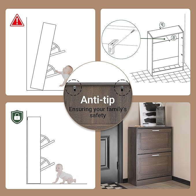 Haotian Shoe Cabinet Storage for Entryway, Narrow Shoe Cabinet with Two Flip Drawers to Save Space, Shoe Rack Cabinet for Front Door Entrance Hallway (Brown)