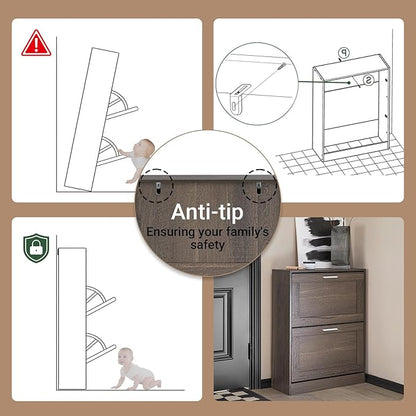 Haotian Shoe Cabinet Storage for Entryway, Narrow Shoe Cabinet with Two Flip Drawers to Save Space, Shoe Rack Cabinet for Front Door Entrance Hallway (Brown)
