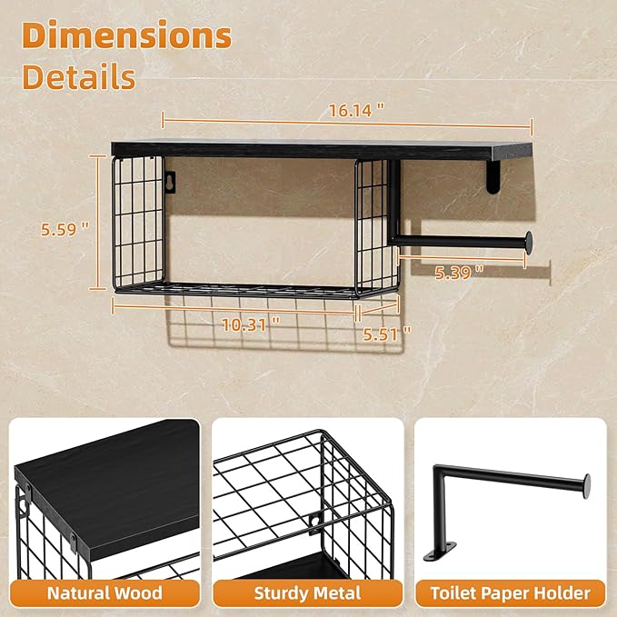 VITVITI Toilet Paper Holder with Shelf, Wall Mounted Toilet Paper Storage Basket, Wood Metal Toilet Roll and Wipes Holder for Bathroom Farmhouse (Black)