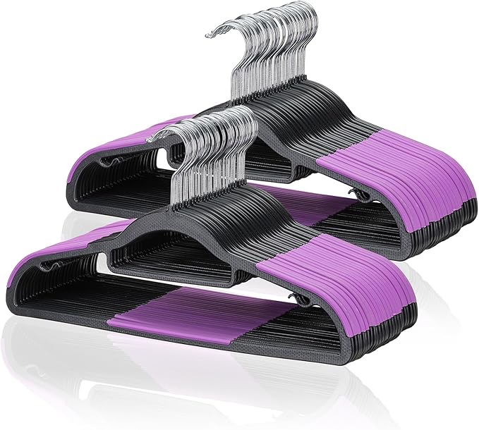 Tonswachic Pack of 50 Coat Hangers, Space-Saving Plastic Clothes Hangers, Non-Slip, 0.2 Inches Slim, 360° Swivel Silver Hook for Shirts, Pants, Suit & Wet/Dry Garments, Purple and Black