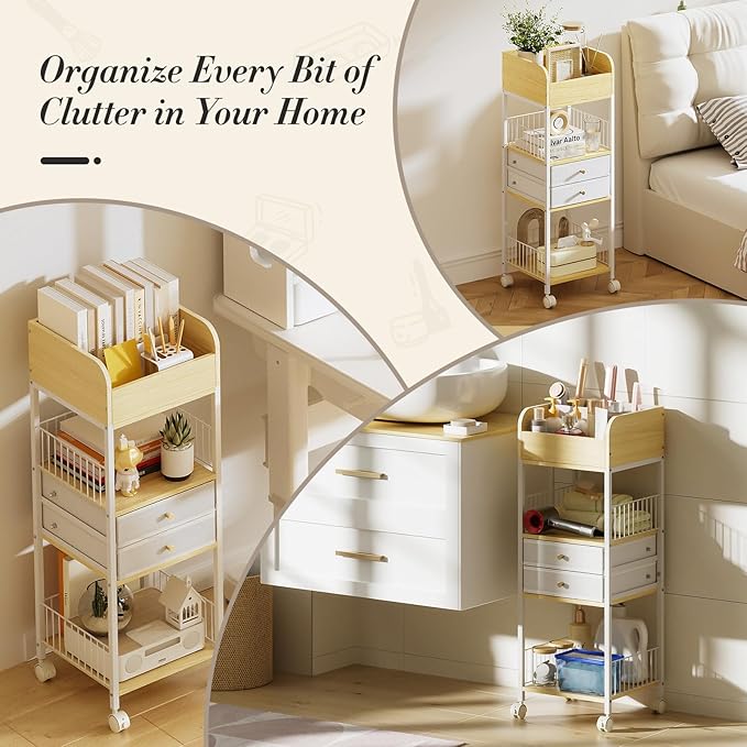 TidyStash Rolling Cart with Drawers 4-Tier Storage Cart with Large Drawers, Heavy-Duty Steel Frame and Wood Shelves Organizer for Makeup, Skincare Bathroom Kitchen Dorm Vanity Home Supplies