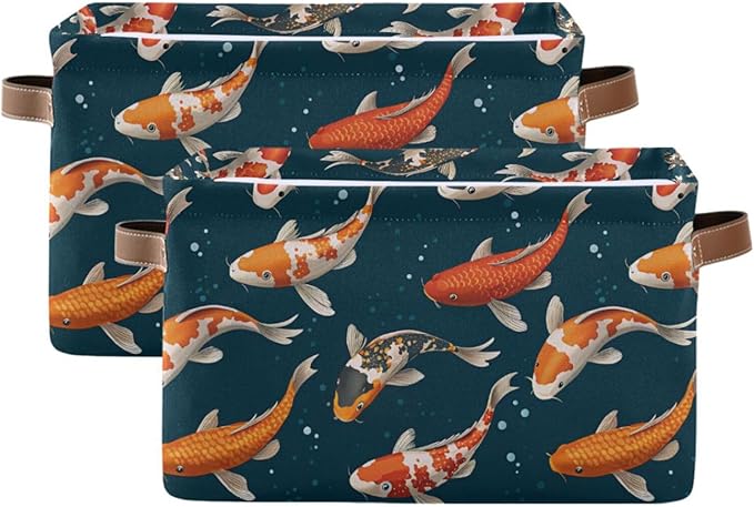Foldable Storage Baskets Set of 2, Koi Carps 3D Japanese Storage Bins with Handles, Decorative Cloth Organizer Storage Boxes for Home|Office 15 x 11 x 9.5 in