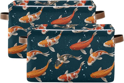 Foldable Storage Baskets Set of 2, Koi Carps 3D Japanese Storage Bins with Handles, Decorative Cloth Organizer Storage Boxes for Home|Office 15 x 11 x 9.5 in