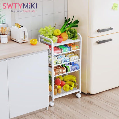 SWTYMIKI Can Organizer for Pantry - Stackable Rolling Snack Cart, Soda Can Organizer, Multi-Functional Shelf with Adjustable Wheels for Kitchen, Office, Living Room, White