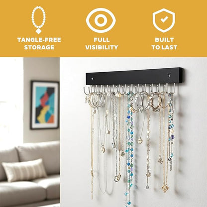 4 Pack Necklace Holder Wall Mount, Tangle-Free Wall Necklace Organizer with 14 Hooks, Wooden Jewelry Hanger, for Chains, Bracelets, Earrings, Black