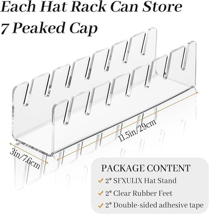 Hat Organizer 2 Pcs Hat Stand for Baseball Caps No Install Baseball Cap Holder Acrylic Hat Organizer for Baseball Caps for 14 Baseball Caps Hat Rack for Bedroom Closet Dresser (Clear)