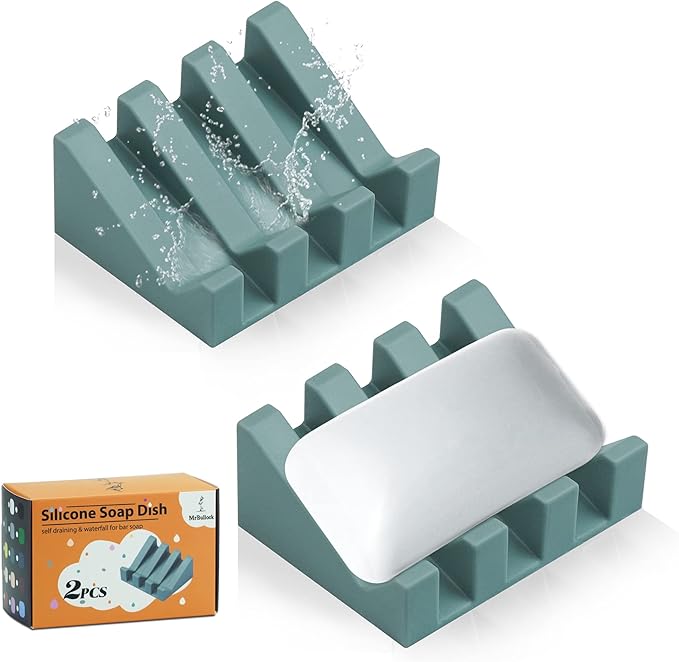 2 Pack Self Draining Silicone Soap Dish with Suction Cups - Non-Slip Bar Soap Holder for Shower & Kitchen, Waterfall Tray Keeps Soap Dry, Easy Clean, Extends Soap Life (Green)