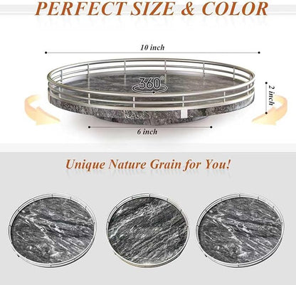 Gray Marble Lazy Susan Turntable for Table Top – 10” Round Marble Tray Organizer for Dining Table, Kitchen Countertop & Bar, Luxury Stone Serving Tray with Silver Frame