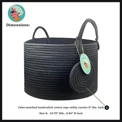Modern Granny Small Cotton Rope Laundry Basket 16x10 Inch Dual Secure Woven Handle for Living Room Closet Clothes Blanket Organization