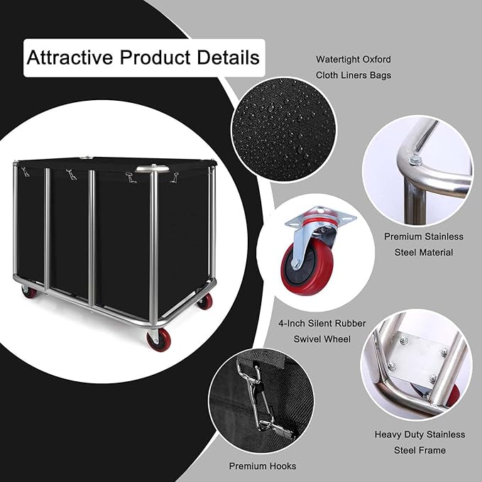 Commercial Laundry Cart with Wheels, 470L Industrial Rolling Laundry Basket, Large Heavy Duty Laundry Sorter with Watertight Oxford Bag & Sturdy Steel Frame for Home, Hotel, Hospital, 440 lbs (Black)
