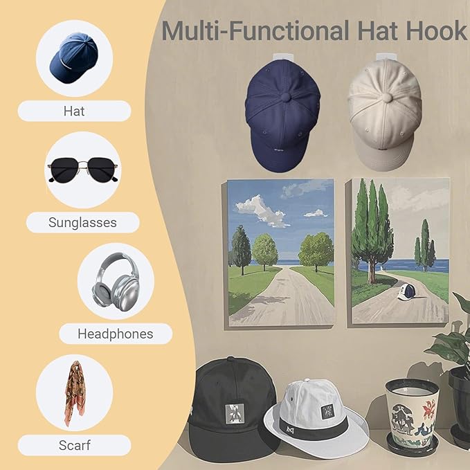 FAYYGYH 24 Packs Wall Cap Hooks, Strong Adhesive Hat Rack, Stylish Home Decor, Two Installation Methods, Hat Display Organizer, Hat Organizer, Wall-Mounted Hat Rack, No Drilling Required (White)