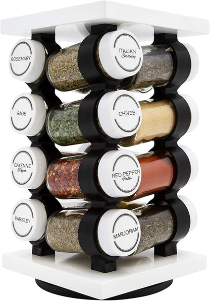Orii 16 Jar Rotating White Spice Rack with Spices Included & 5-Year Spice Refill Program – Compact Countertop Spice Rack with Glass Jars