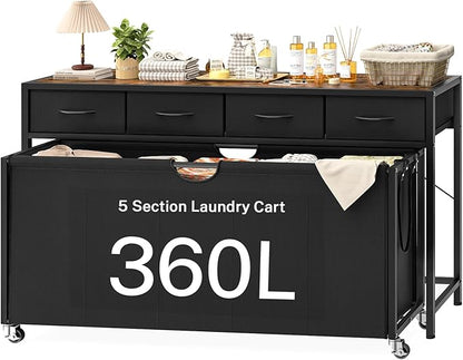Laundry Sorter, Rolling Laundry Hamper with 5 Section Pul-Out Bags, Laundry Basket Organizer with 4 Drawers, Laundry Hamper with Wheels for Laundry Room Organization, Bathroom, Bedroom