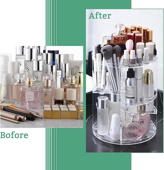 seinlife 360 Rotating Makeup Organizer,DIY Adjustable Spinning Holder,Foldable Cosmetic Storage Display box,Large Capacity Make up Caddy Shelf,Fits Countertop Vanity and Bathroom (CLEAR)