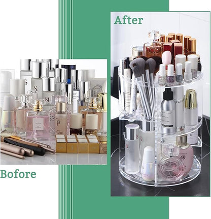 seinlife 360 Rotating Makeup Organizer,DIY Adjustable Spinning Holder,Foldable Cosmetic Storage Display box,Large Capacity Make up Caddy Shelf,Fits Countertop Vanity and Bathroom (CLEAR)