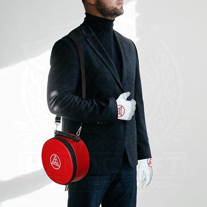 Masonic Royal Arch Chapter Crown Cap Case – Foldable 9”x9” Red Faux Leather Hat Box with Embroidered Triple Tau Emblem & Adjustable Shoulder Strap – Lightweight & Travel-Friendly