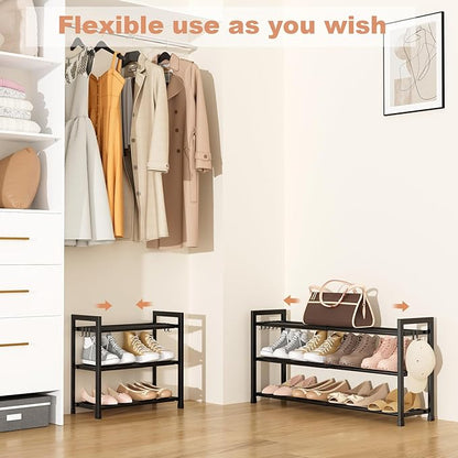 LANTEFUL Adjustable 18"-33" Expandable Shoe Rack for Closet 12 Pairs Small Spaces 3 Tier Shoe Organizer with 5 Hooks Metal Shoe Shelf for Entryway, Bedroom