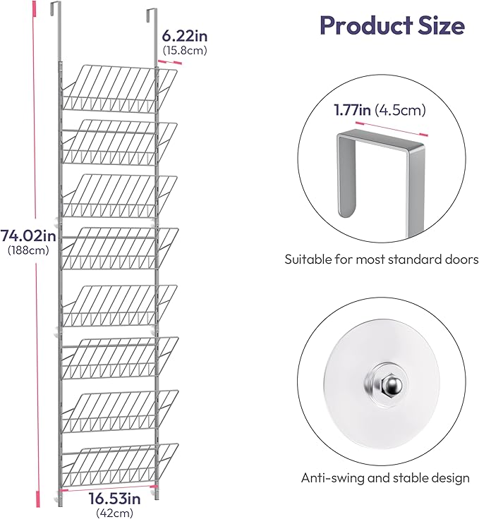 SWTYMIKI Over the Door Shoe Organizer - Adjustable 8 Tier Hanging Shoe Rack Organizer, Metal Heavy Duty Behind Door Storage or Wall Mount Shoes Shelf for Flats, Heels, Sneakers, Boots, Silver
