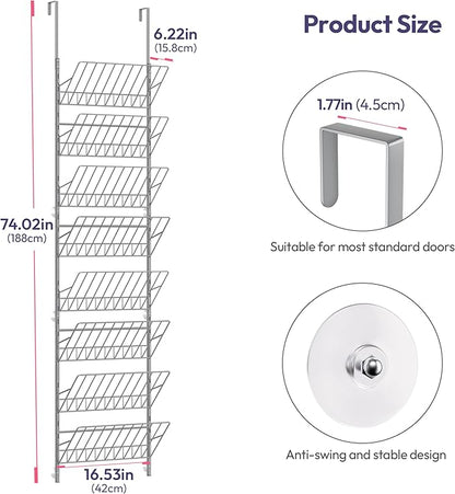 SWTYMIKI Over the Door Shoe Organizer - Adjustable 8 Tier Hanging Shoe Rack Organizer, Metal Heavy Duty Behind Door Storage or Wall Mount Shoes Shelf for Flats, Heels, Sneakers, Boots, Silver