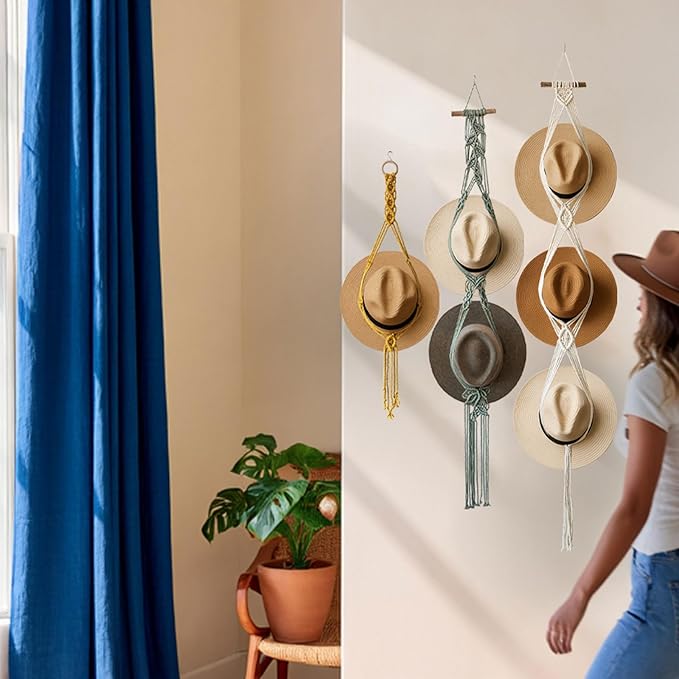 Bohemian Hat Rack Hat Hanger, Macrame Hat Organizer for Wall Hanging, Handmade Hat Holder, Hat Storage for Wide-Brim Hats, Boho Hat Display for Bedroom, Living Room(3 Styles & 3 Colors)