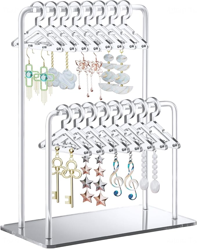 NiHome Acrylic Earring Holder with Unique Double-Tiered Design, Cute Miniature Clothing Hangers with Spacious Storage for 48 Pairs, Mirror-Finish Display for Home Vanity & Retail Showrooms (Silver)