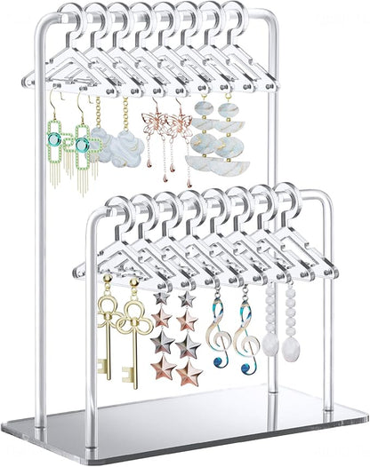 NiHome Acrylic Earring Holder with Unique Double-Tiered Design, Cute Miniature Clothing Hangers with Spacious Storage for 48 Pairs, Mirror-Finish Display for Home Vanity & Retail Showrooms (Silver)