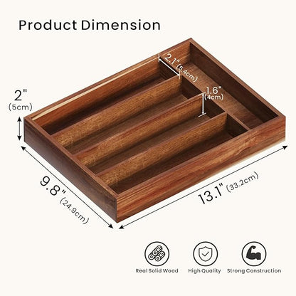 Fibogollo Silverware Organizer Acacia Wood Kitchen Drawer Organizer with 5 Slots Flatware Organizer Tray for Kitchen, Flatware, Utensils