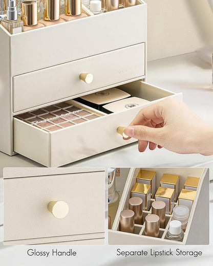 VLANDO Makeup Organizer for Vanity,Large Capacity Bathroom Counter Organizer with Drawers,PU Leather Skin Care Storage for Lipstick,Brushes,Perfumes (Beige)