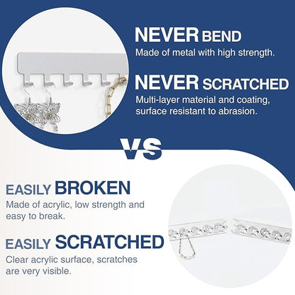 Necklace Holder Wall Organizer - Jewelry Hanging Hooks for Necklaces, Bracelets, Earrings - Easy Stick-On Installation - Space-Saving Metal Design, Silver