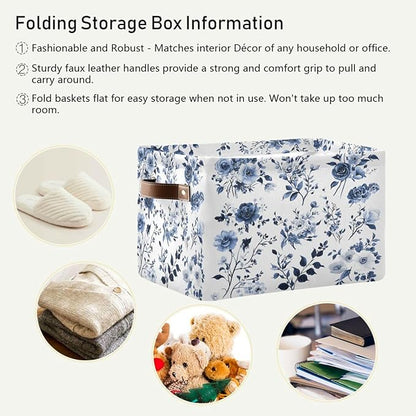 Large Storage Basket Blue and White Porcelain Storage Bin Cube Canvas Fabric Organizer Handles Collapsible for Clothes Toys Bedroom Decorative
