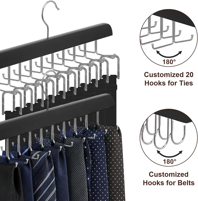 4 Pack Tie Rack and Belt Hanger 2 in 1, Wooden Tie Organizer for Closet with 20 Foldable Hooks, Space Saving Necktie Holder and Belt Organizer, Black